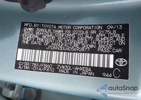 2013 Toyota Prius Two from USA, damaged, VIN JTDKN3DU4D5692877